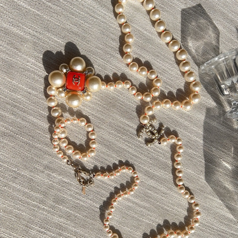 Chanel CC Logo Pearls Orange Stone Vintage 42” Long Necklace